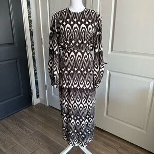 Zara Brown and Cream Boho Ikat Print Long Sleeve Maxi Dress Size XS